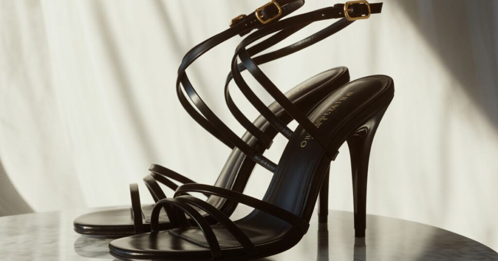 Red strappy heels with block heels arranged beside a matching handbag.