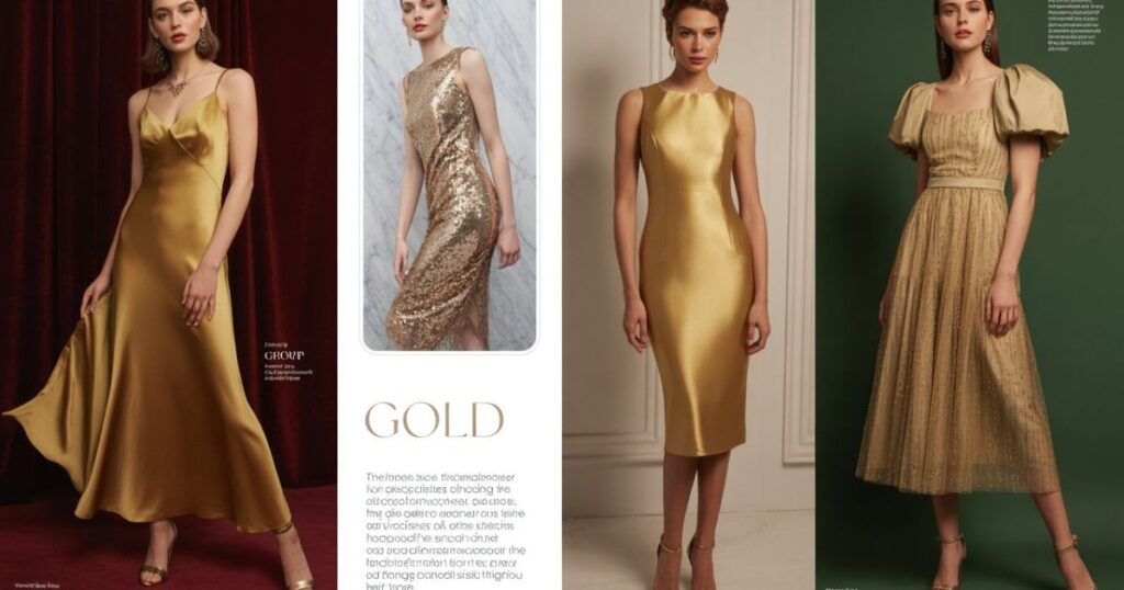 Flowy gold dresses gown with layered chiffon and soft metallic shine.