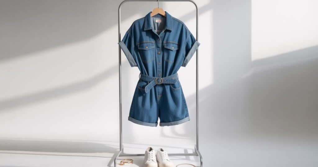 Front view of a stylish Denim Romper for women with short sleeves and button details