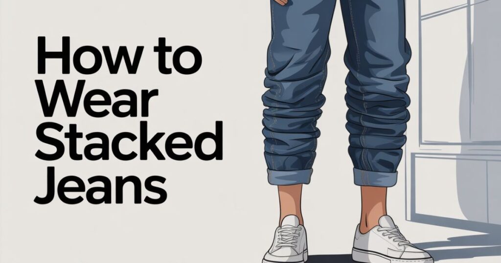 A model wearing stacked jeans with a fitted T-shirt and sneakers, demonstrating a casual look for How to Wear Stacked Jeans.