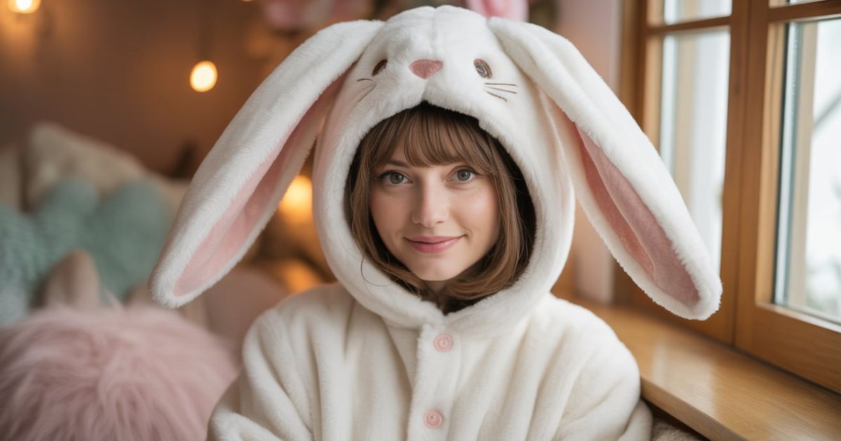 An adorable bunny costume featuring soft fabric and playful floppy ears.
