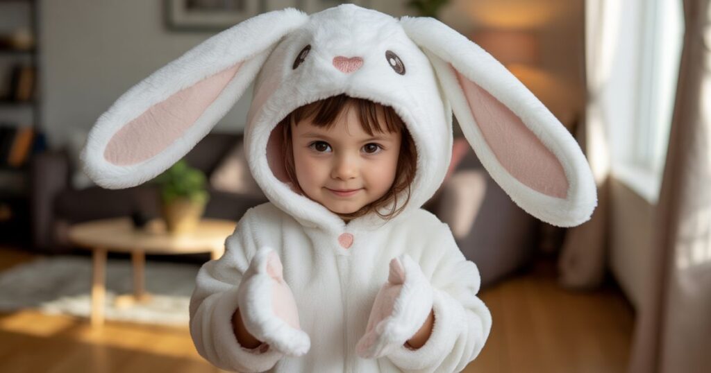 Bunny Costume with soft pink fabric, floppy ears, and a cute full-body design