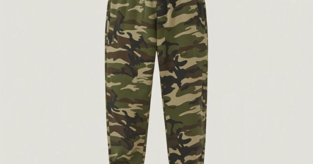 Camo sweatpants waistband with drawstring and elastic fit in camouflage design