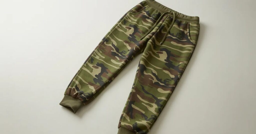 Full-length camo sweatpants displayed flat showing relaxed fit and camouflage pattern