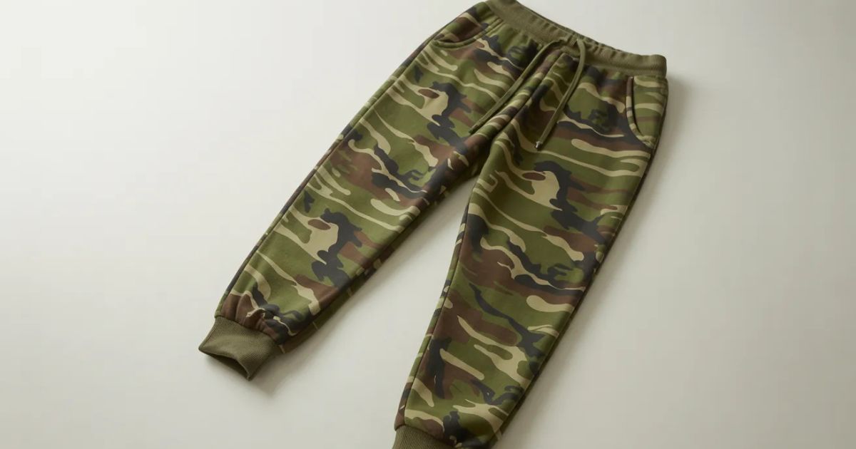 Full-length camo sweatpants displayed flat showing relaxed fit and camouflage pattern