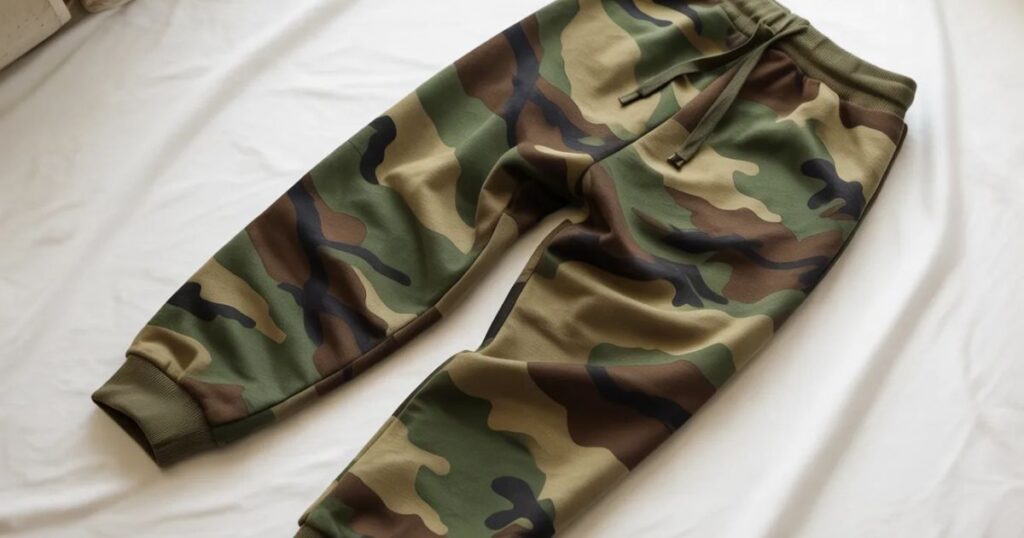 Close-up view of camo sweatpants fabric showing detailed camouflage print and smooth texture