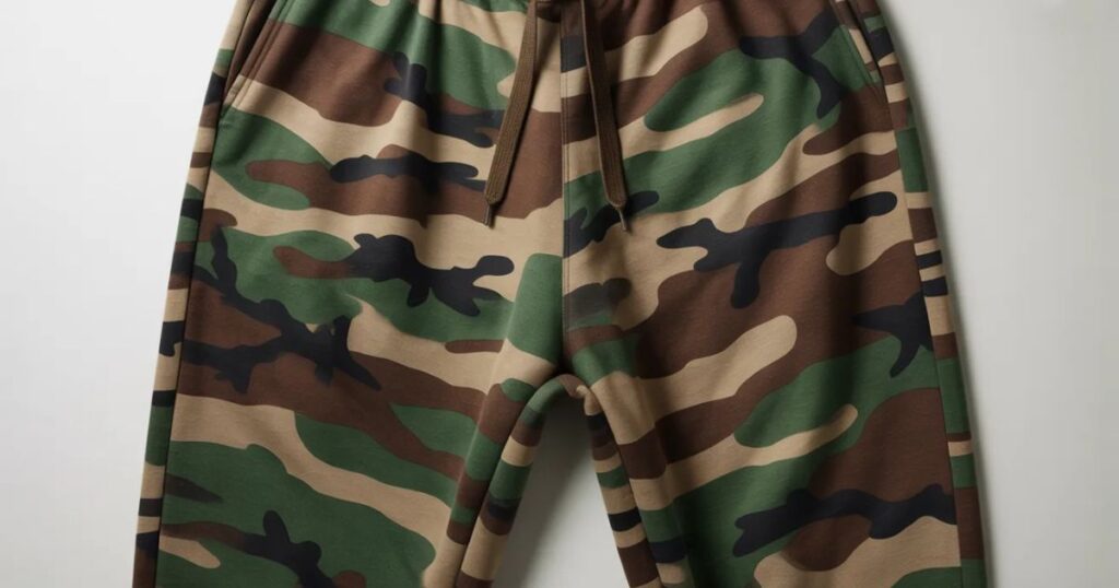 Camo sweatpants with green, brown, and black camouflage pattern featuring an adjustable drawstring waist