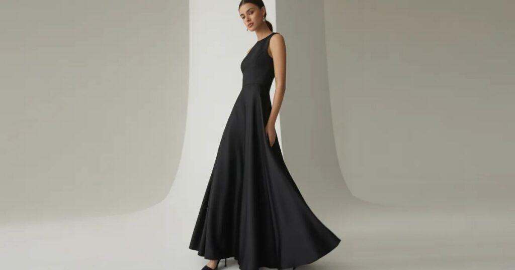 Stylish long black dress paired with heels for a formal look