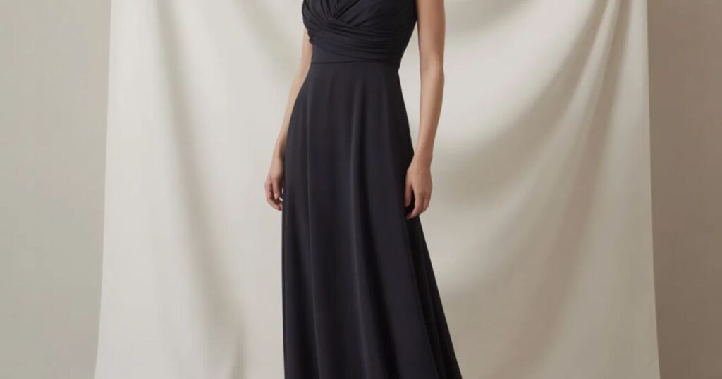 Long black dress with long sleeves worn for a classy evening style