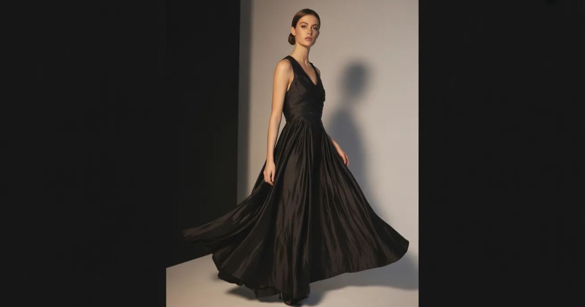 Long black dress styled for a party or special occasion