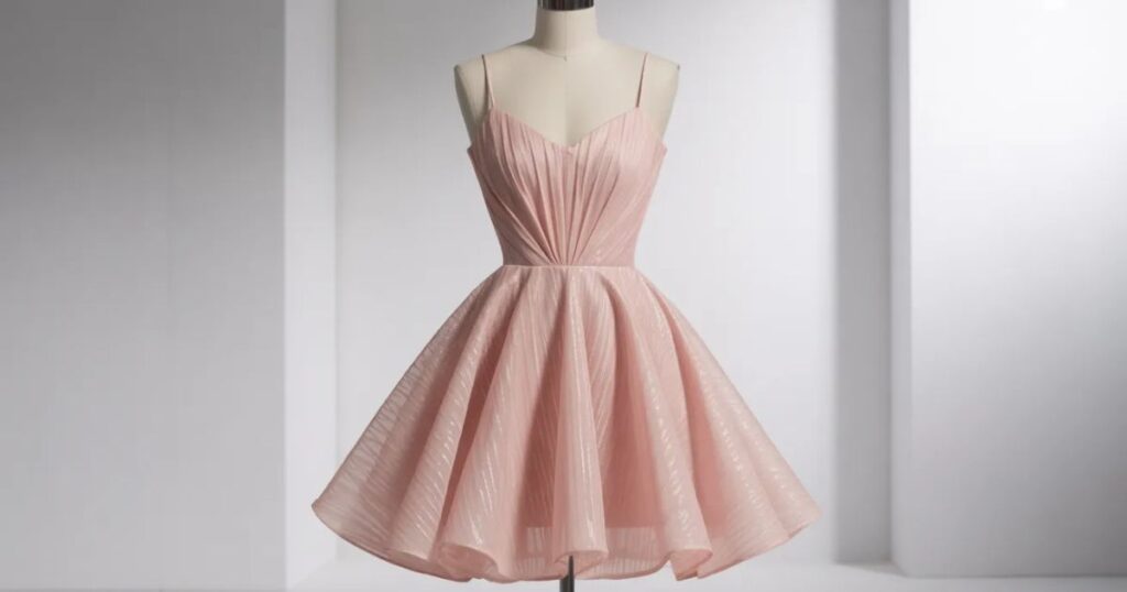 Elegant pink mini dress with deep neckline and smooth fabric