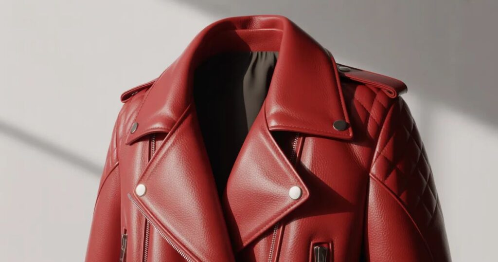 Red leather jacket worn by a woman with a fitted silhouette and front zipper