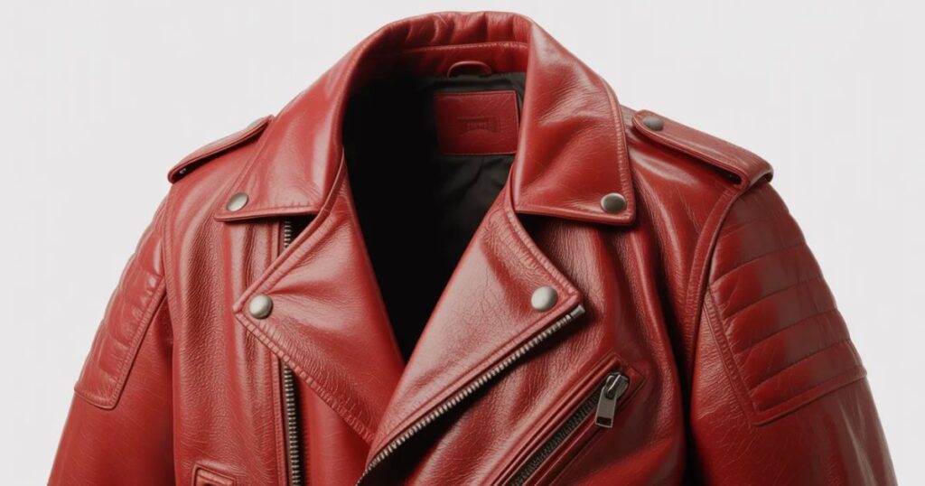 Red leather jacket styled with black jeans for a casual fashion look