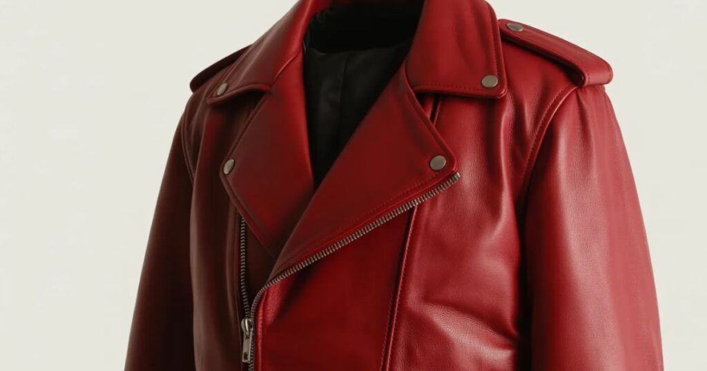 Red leather jacket with zip details and modern design