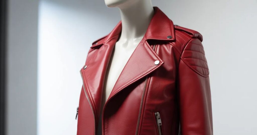 Red leather jacket layered over a casual top for street style fashion