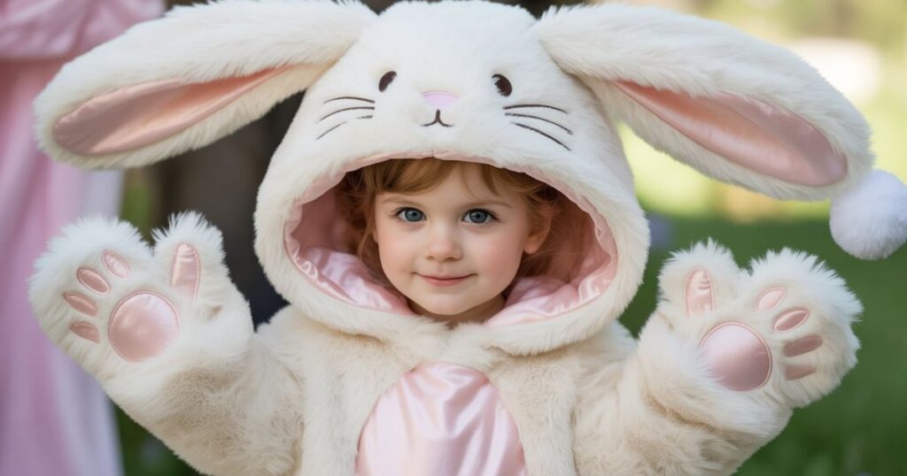 Bunny Costume with pastel colors, fluffy tail, and detailed stitching