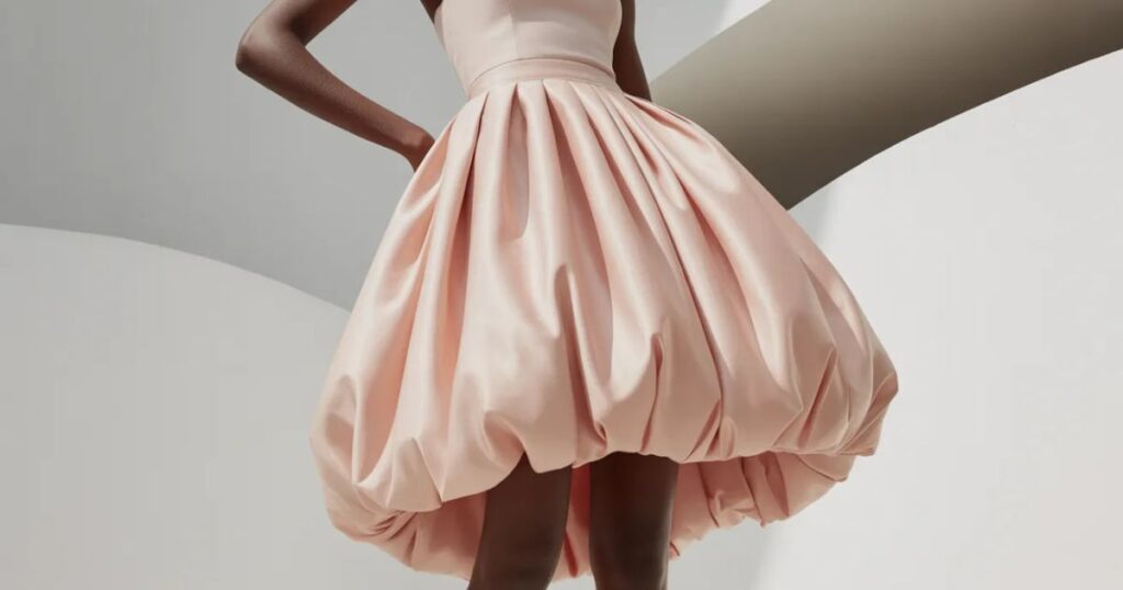 Stylish bubble skirt paired with a fitted white top for a modern casual look