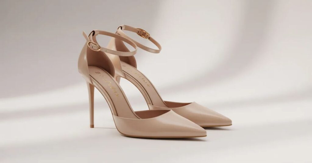 Nude heels with pointed toe design and glossy finish placed on a white surface