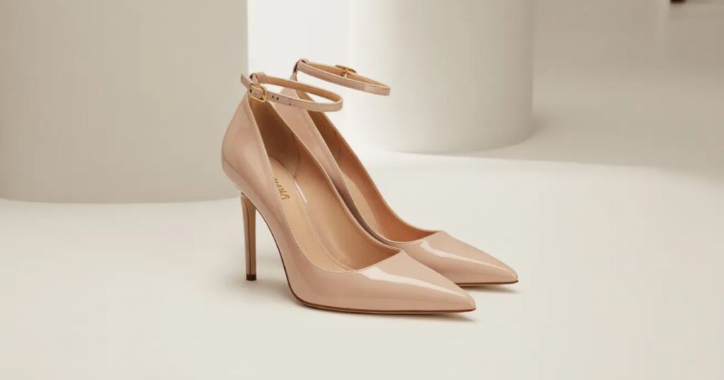 Elegant nude heels with pointed toe and smooth patent leather finish