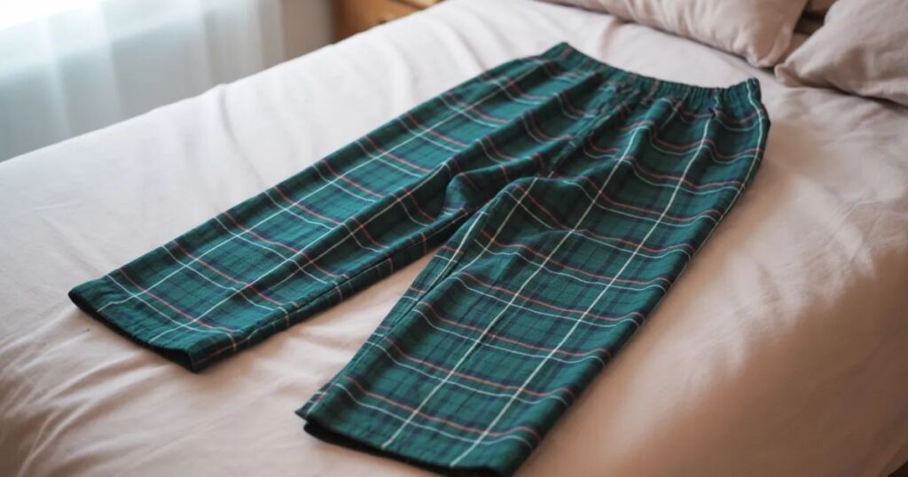 Red and black plaid pyjama bottoms with elastic waistband and loose fit