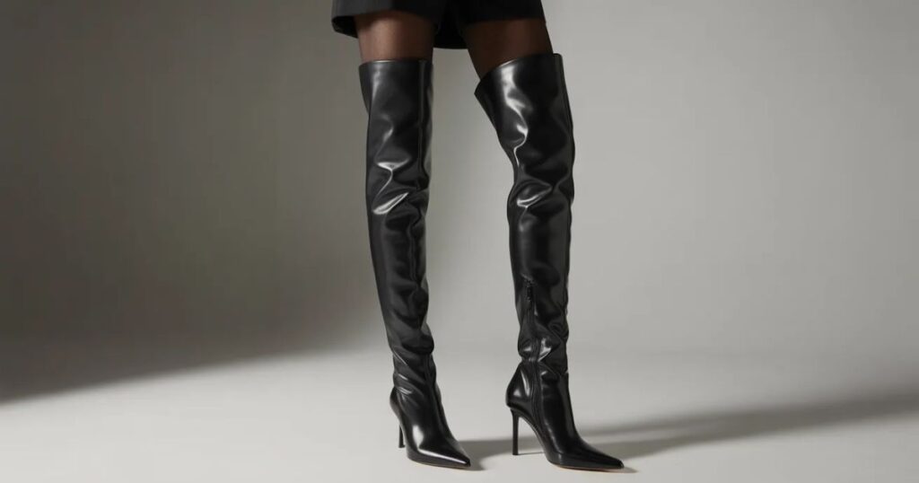 Elegant thigh boots high with pointed toe and slim fit