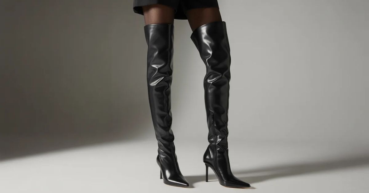 Elegant thigh boots high with pointed toe and slim fit