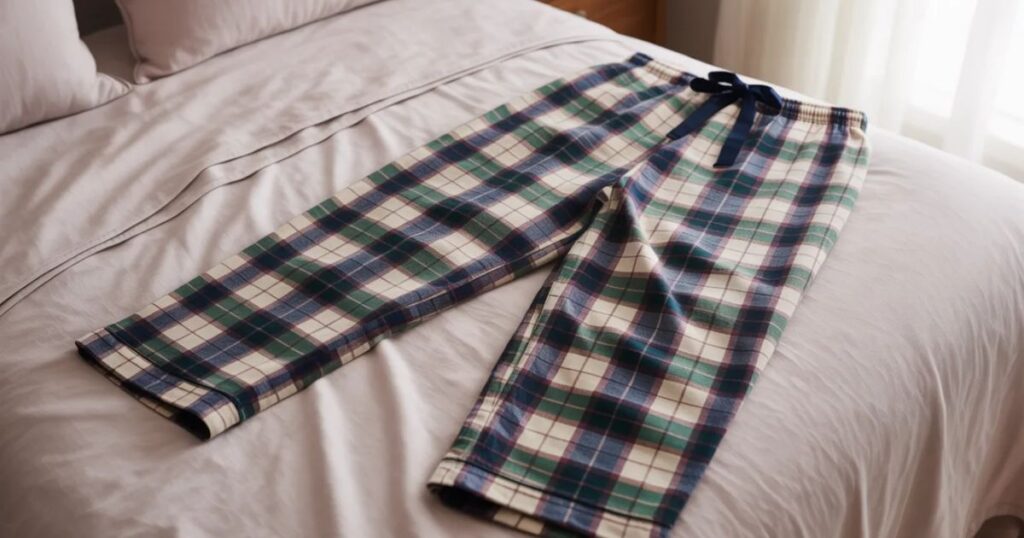 Plaid pajama trousers styled for cozy indoor wear